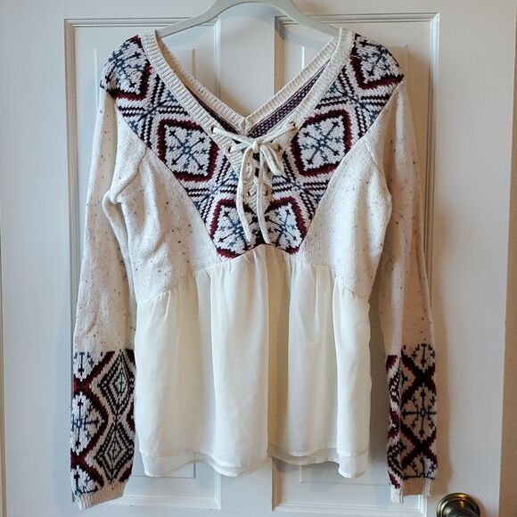 ABERCROMBIE & FITCH MIXED MEDIA SWEATER TOP FAIR ISLE CREAM RED Y2K SZ MEDIUM - Picture 1 of 8